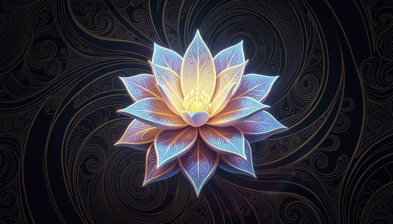 Glowing multi-colored lotus flower with intricate petal patterns on a dark swirled background