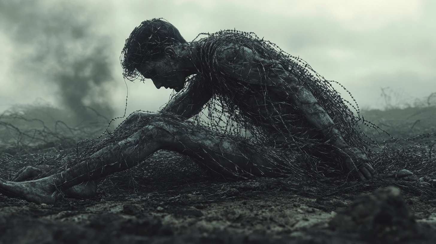 Person entangled in barbed wire meditation in a desolate, smoky landscape (monochrome).
