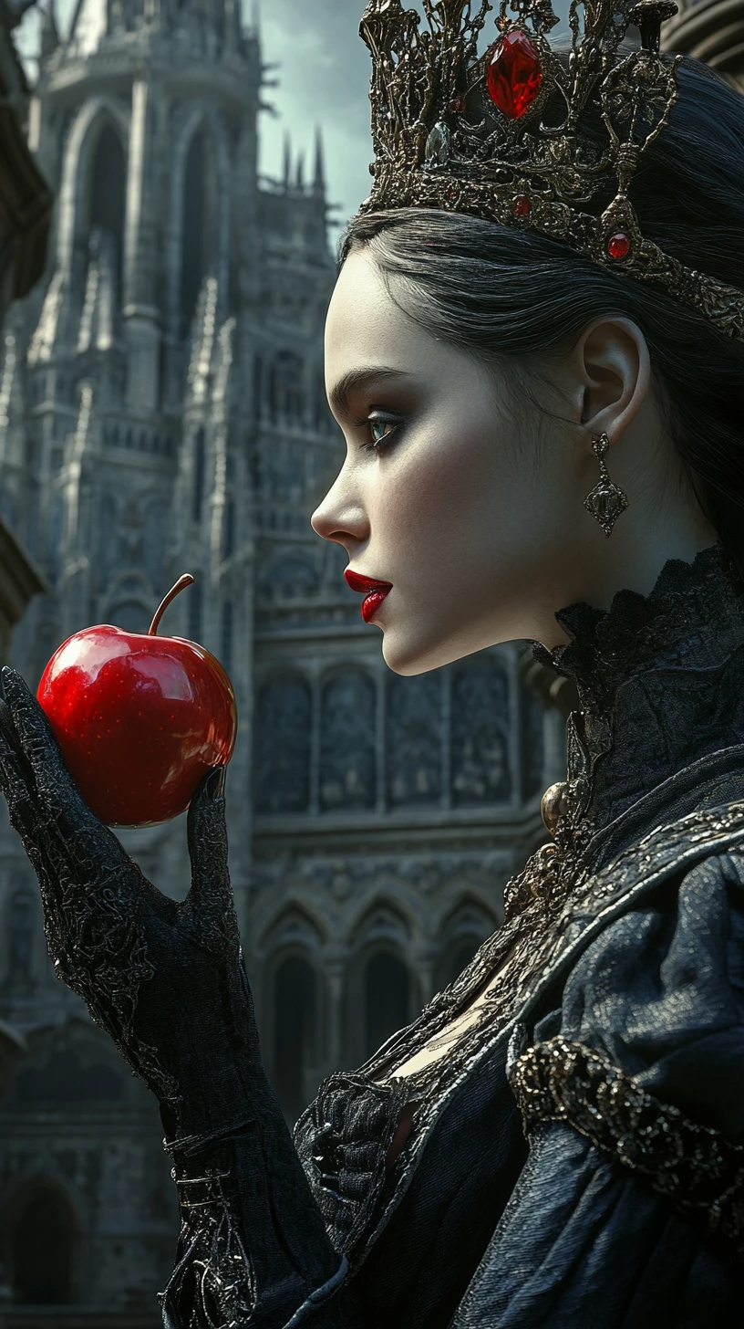 Gothic queen in an ornate crown holds a red apple against a cathedral backdrop.