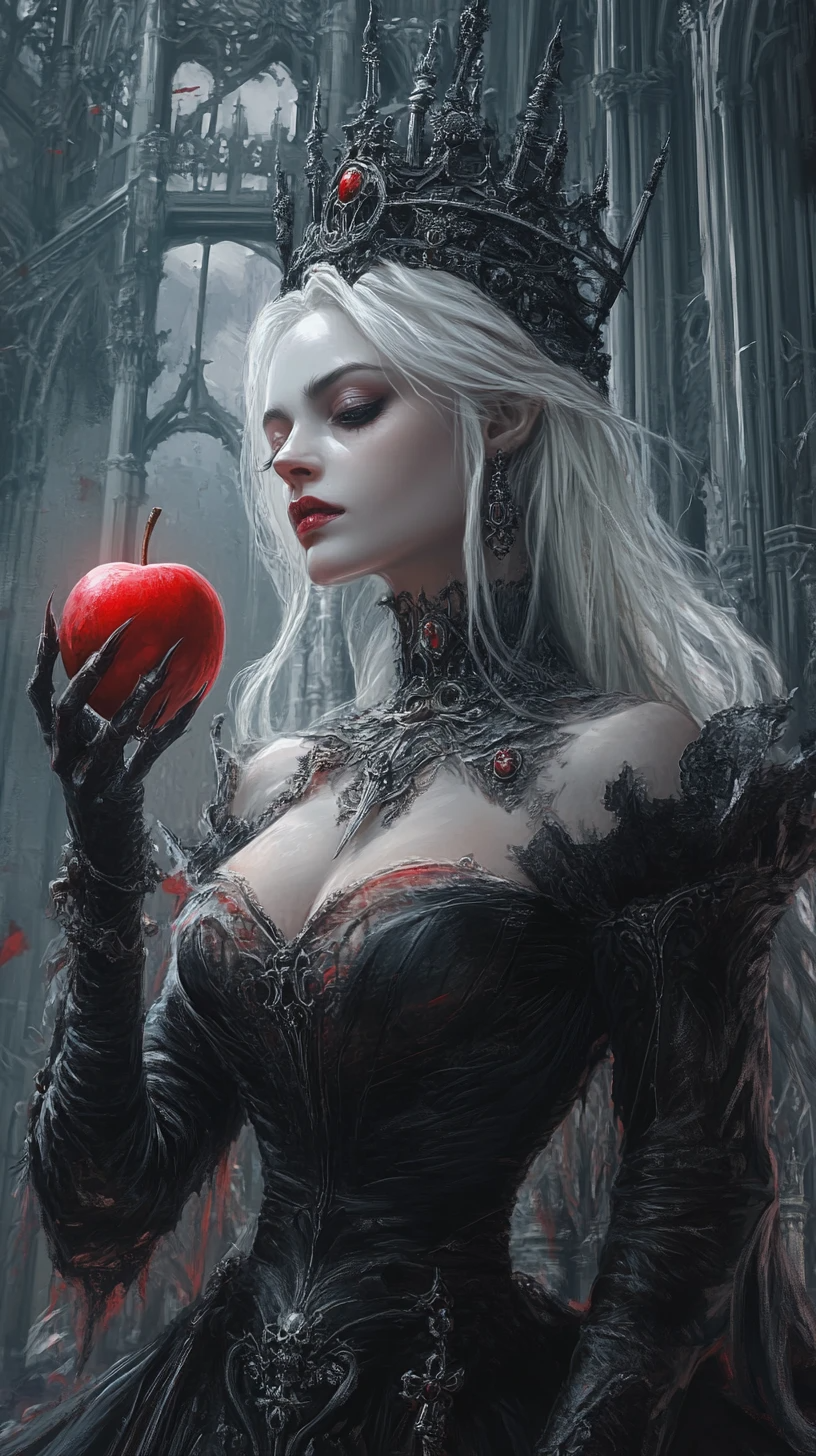 Gothic queen in an ornate black gown and crown, holding a red apple.