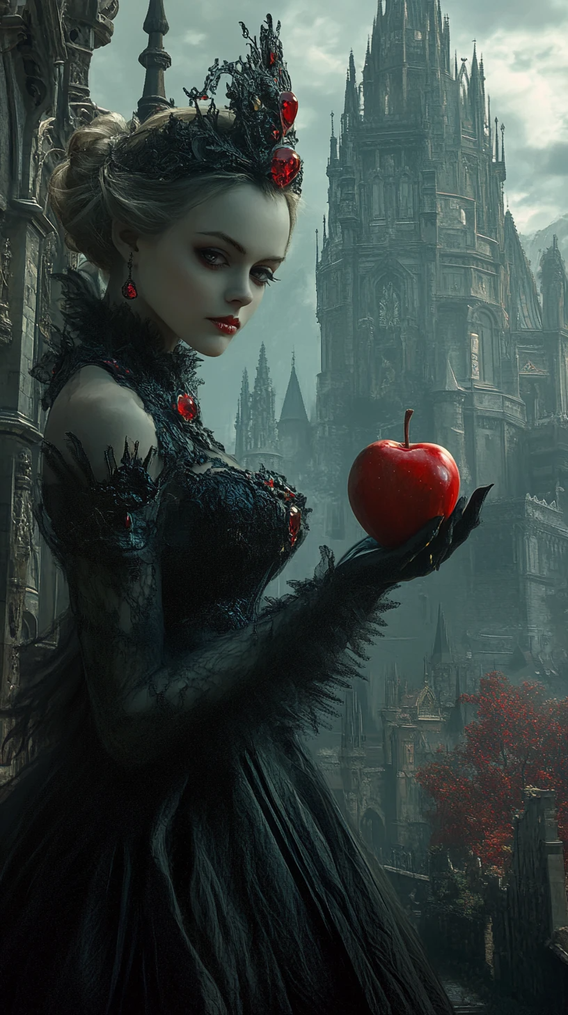 Gothic queen in a black dress with red gemstones holds a bright red apple against a misty cathedral-like castle backdrop.