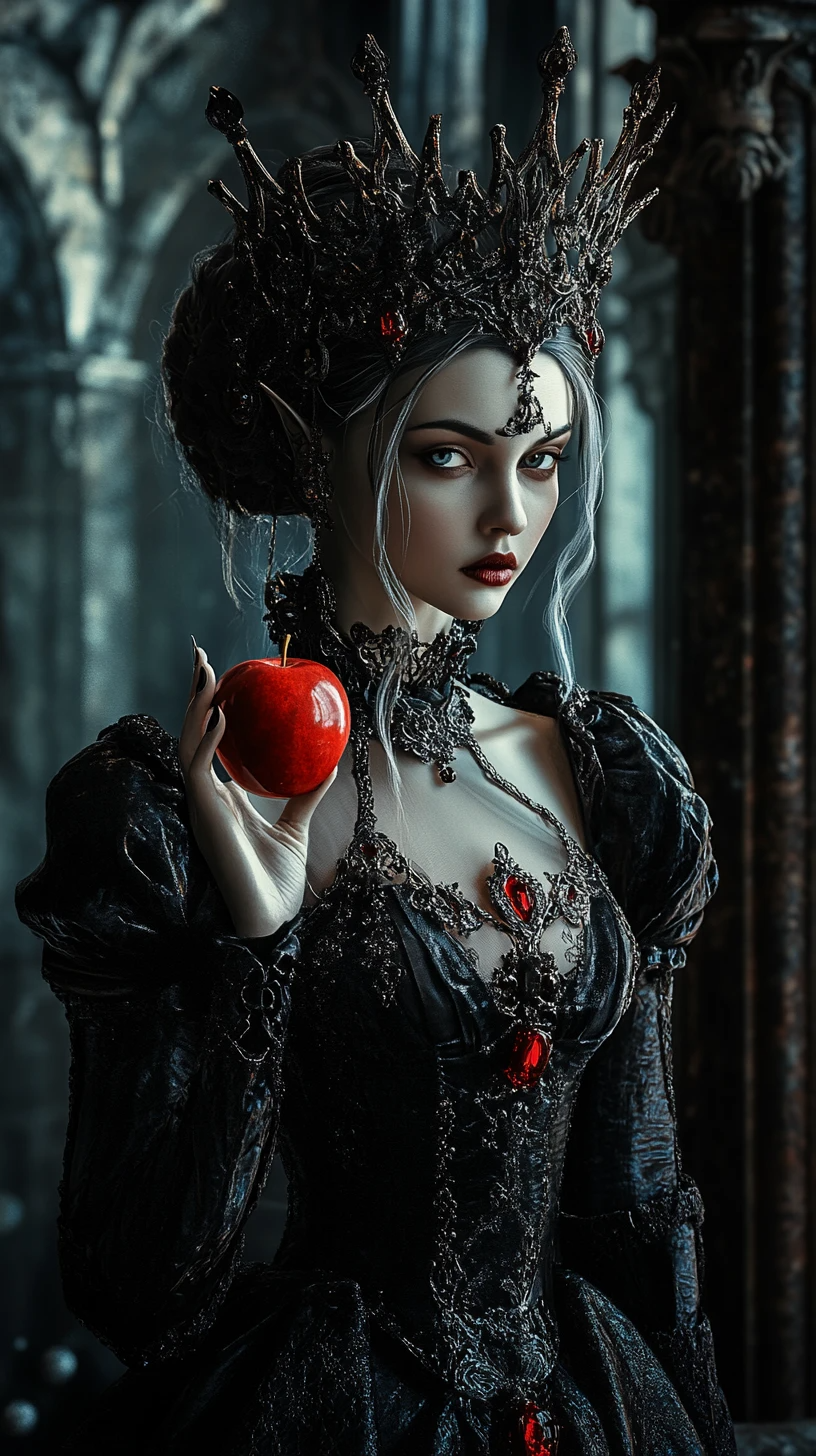 Gothic dark-queen cosplay with ornate crown holding a red apple in a dim forest