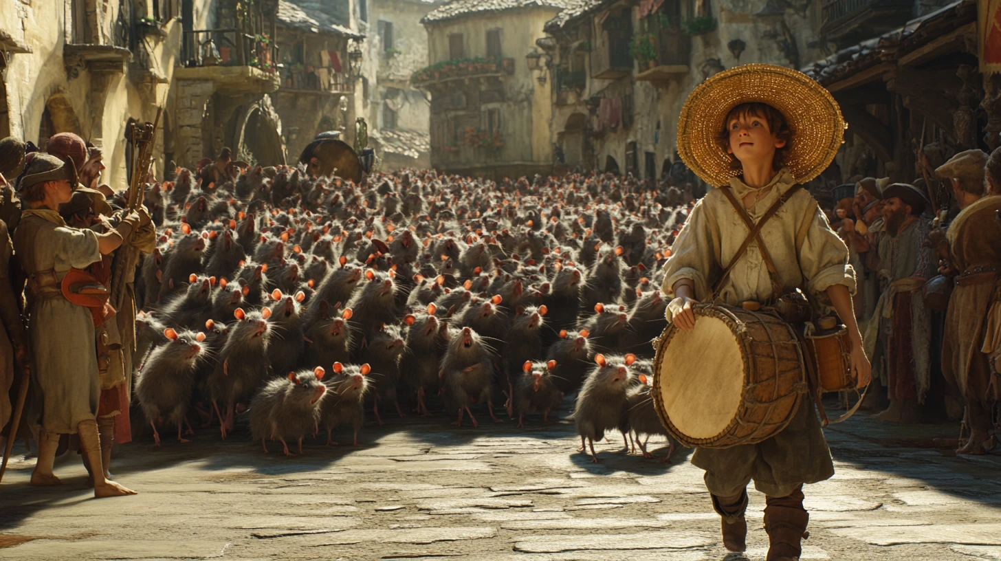 A young drummer boy in a straw hat leads a crowded medieval street parade of rats.