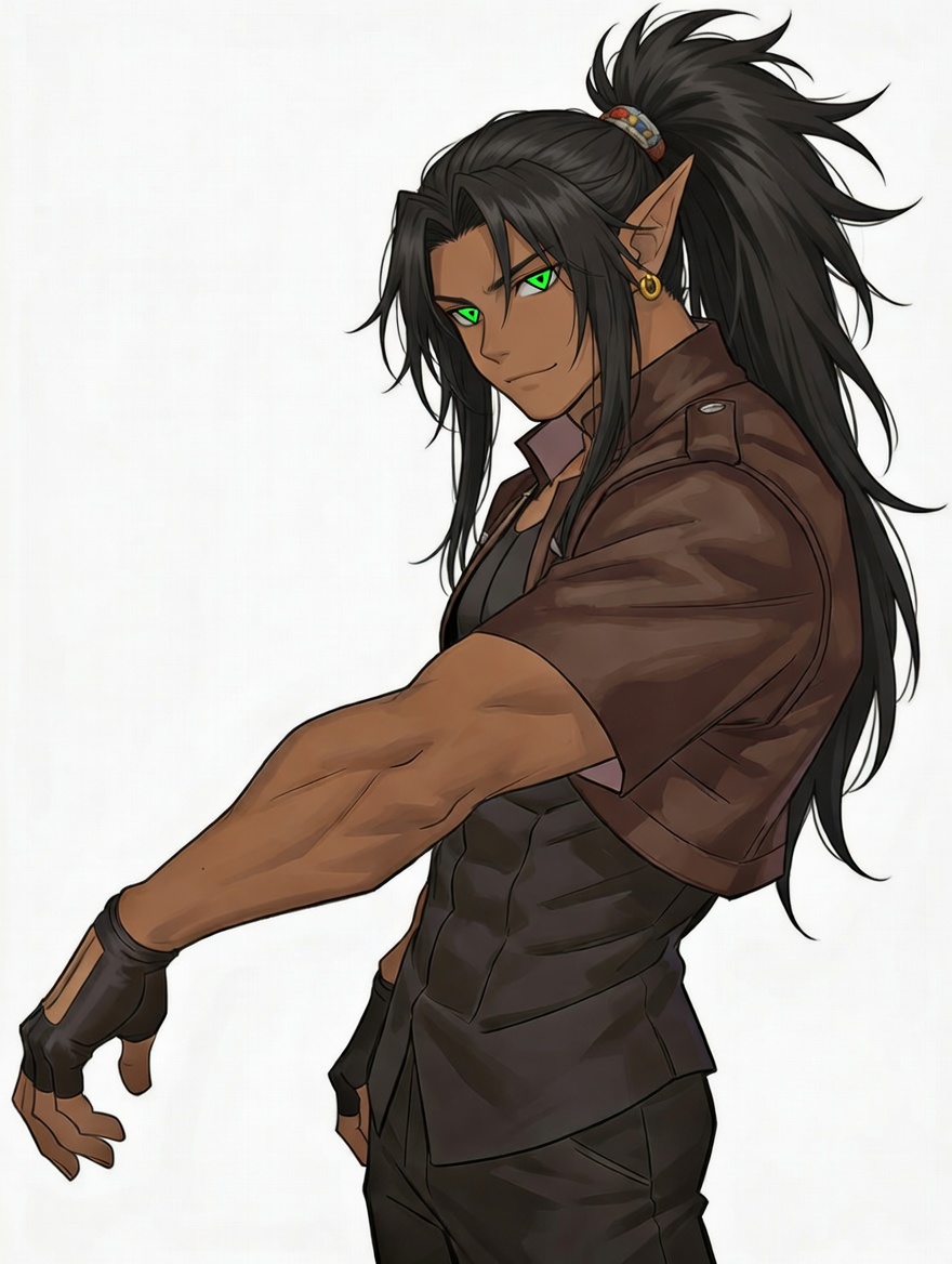 A muscular dark-haired elf with green eyes in a brown shirt and gloves, striking a pose.