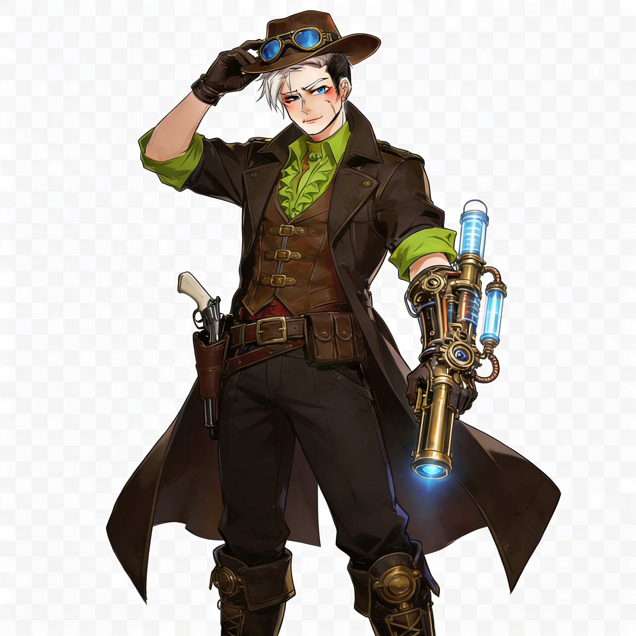 Stylized male steampunk adventurer in trench coat and goggles with a glowing brass energy gauntlet.