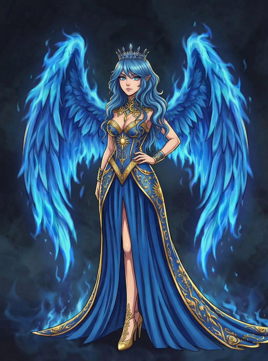 Blue-winged fantasy angel queen in ornate blue and gold gown with crown.