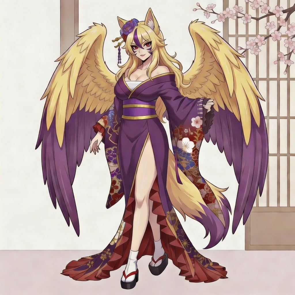 Anime-style winged woman in a purple kimono with golden wings and cherry blossoms in the background.