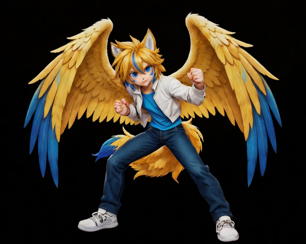 Cosplay figure: boy with golden-yellow and blue wings, fox ears, white jacket, jeans, in a dynamic pose.