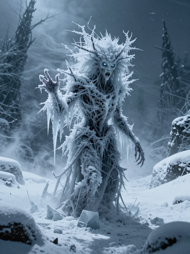 A towering ice-frost monster with crystalline branches and glowing blue eyes in a snowy forest.