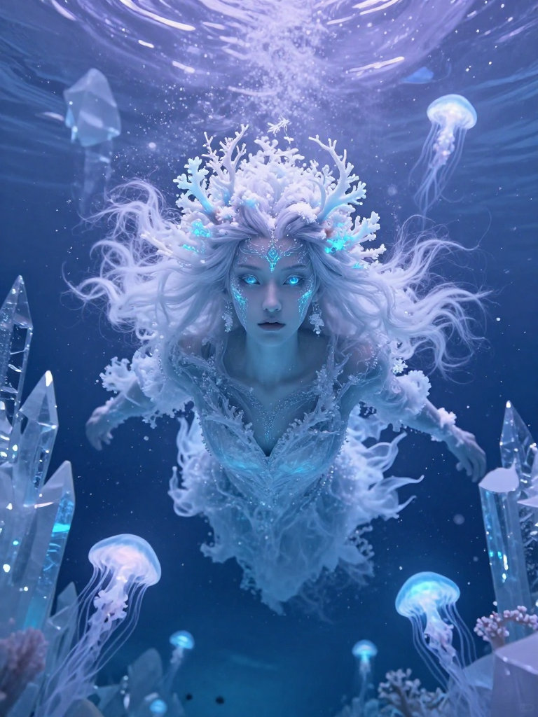 Underwater ice queen with crystalline crown and icy makeup swimming among jellyfish and crystals.