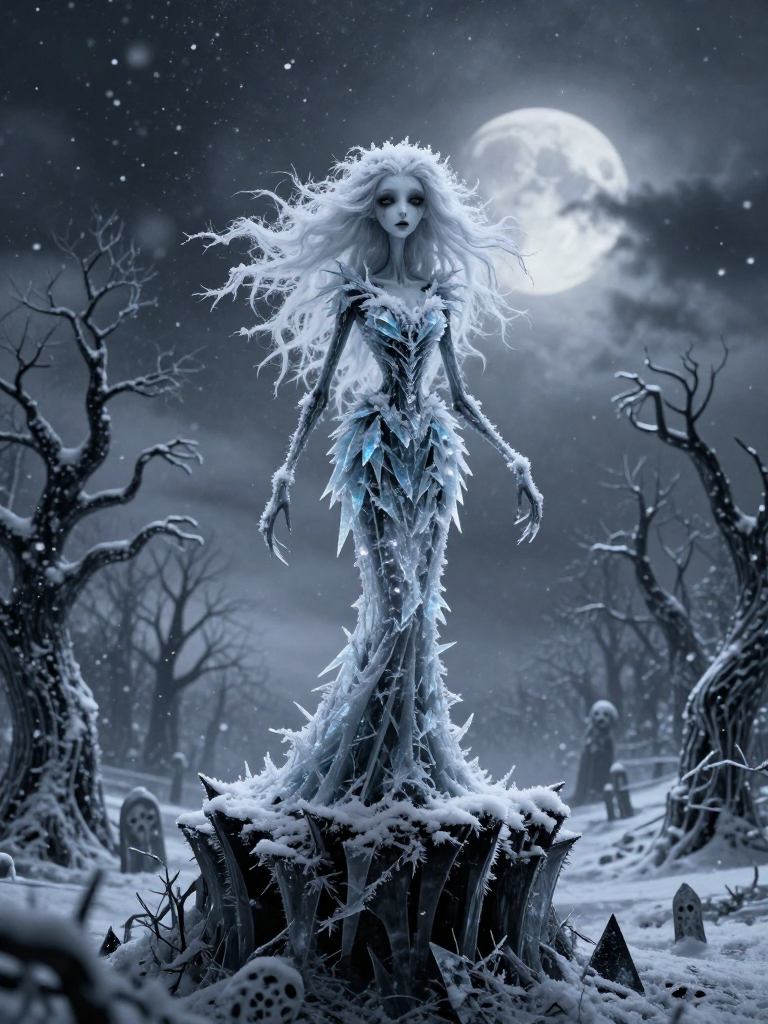 Ice queen in an icy gown standing on a frozen tomb in a moonlit, snowy graveyard.