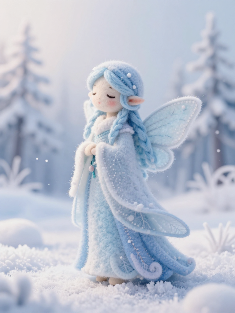 Blue-haired fairy doll with wings stands in a snowy, dreamlike winter scene.