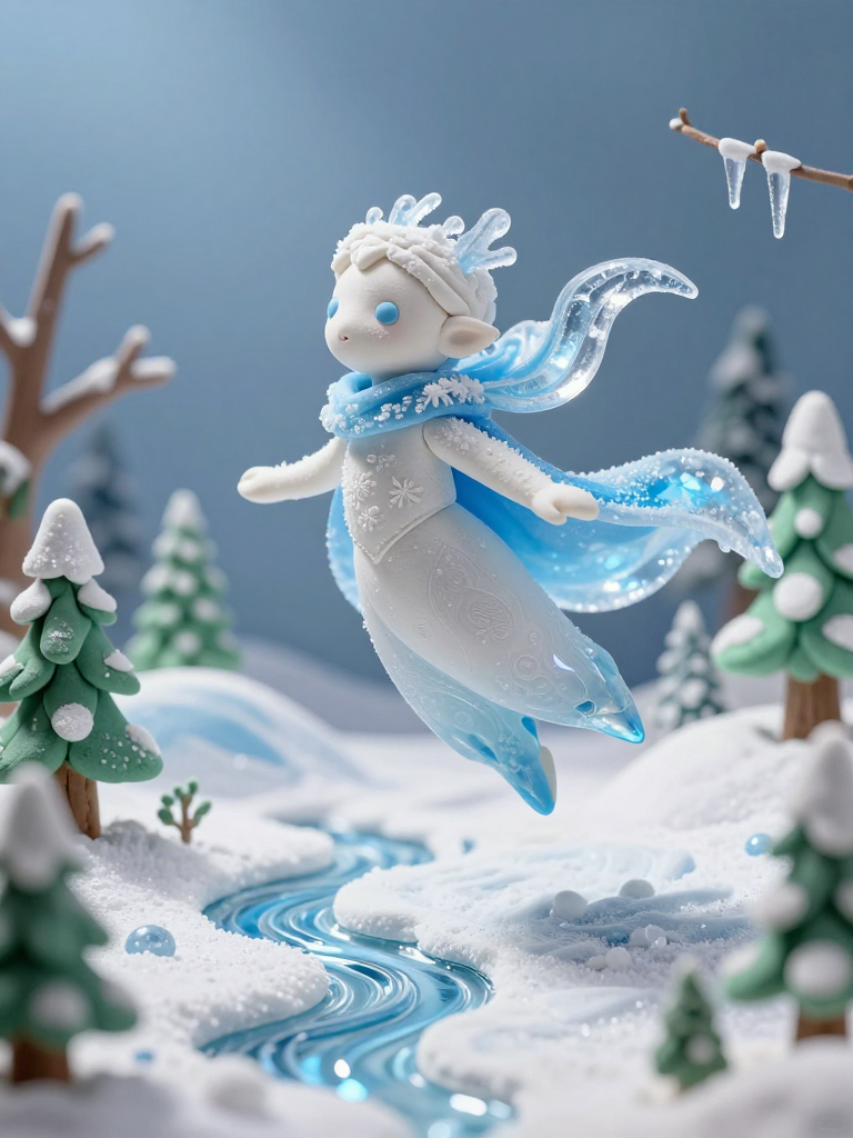 Ice fairy figurine leaping over a snowy, winding stream in a miniature winter landscape.