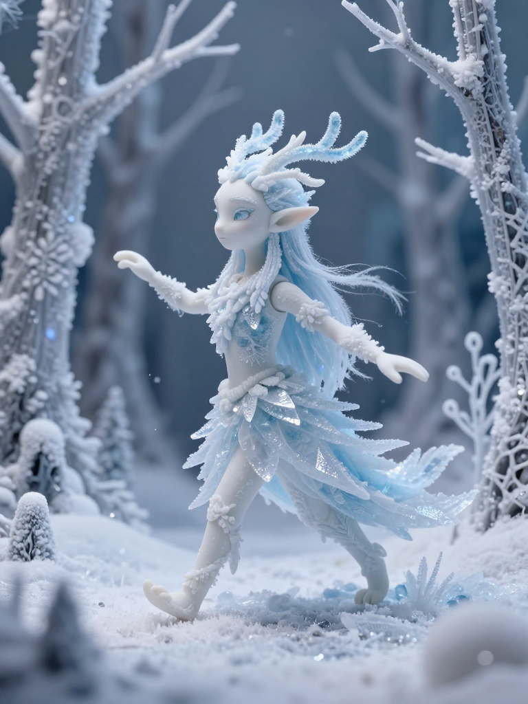 Ice fairy figure in a snowy forest with crystalline branches