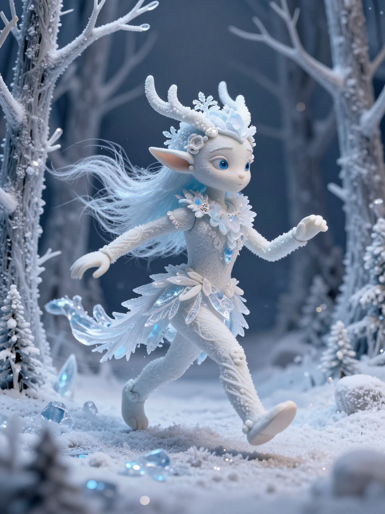 Ice fairy figure with blue hair and antlers walking through a frosty winter forest