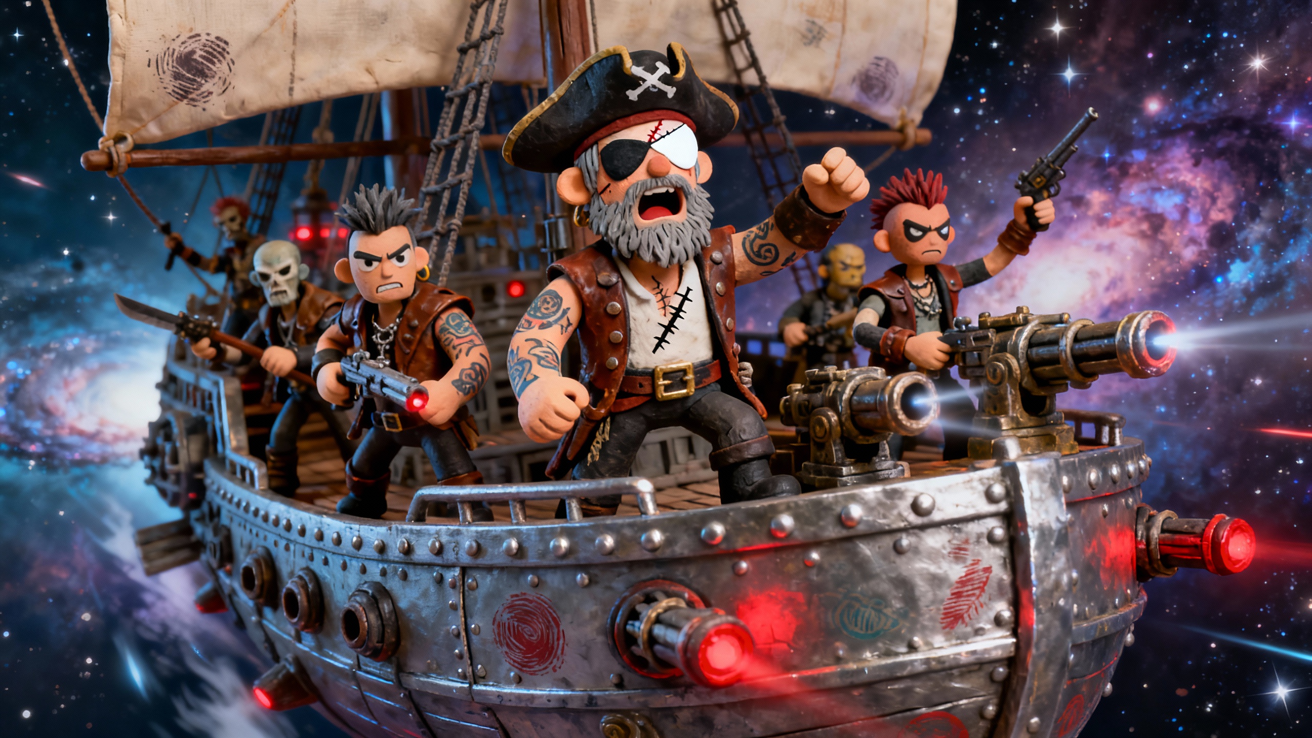 Funky pirate action figures on a metal space-ship deck with laser cannons against a cosmic backdrop.