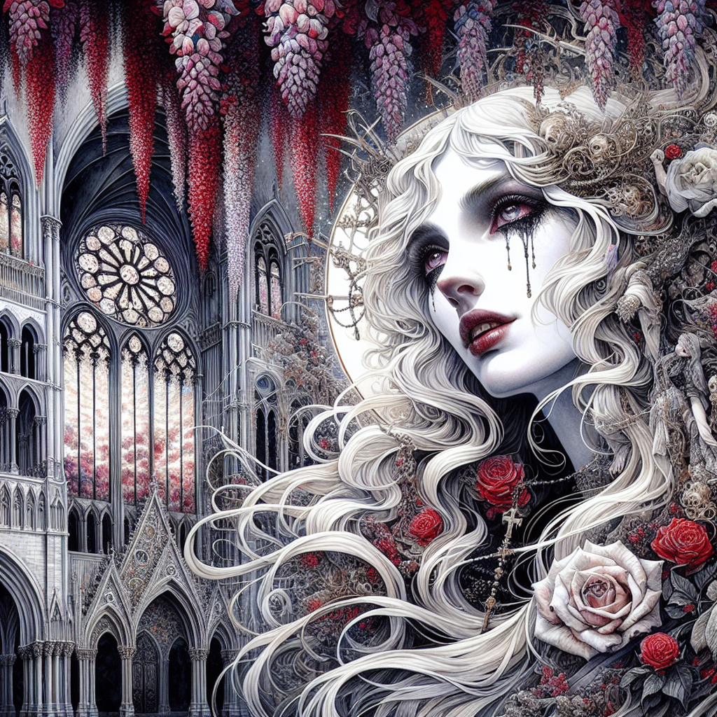 Pale, white-haired gothic heroine with dark makeup beside a Gothic cathedral and hanging red flowers.