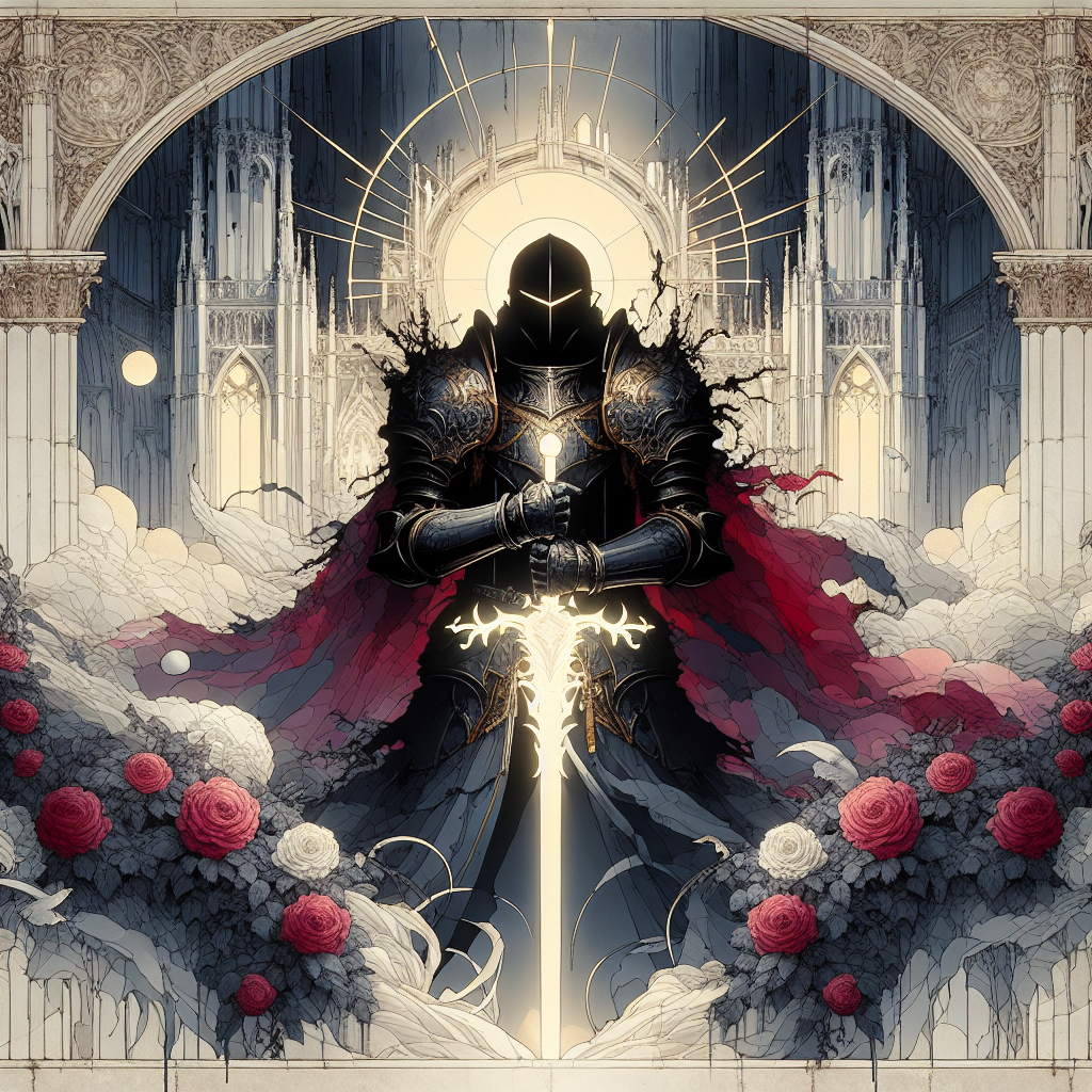 Dark armored knight with a glowing sword in a gothic cathedral garden of roses