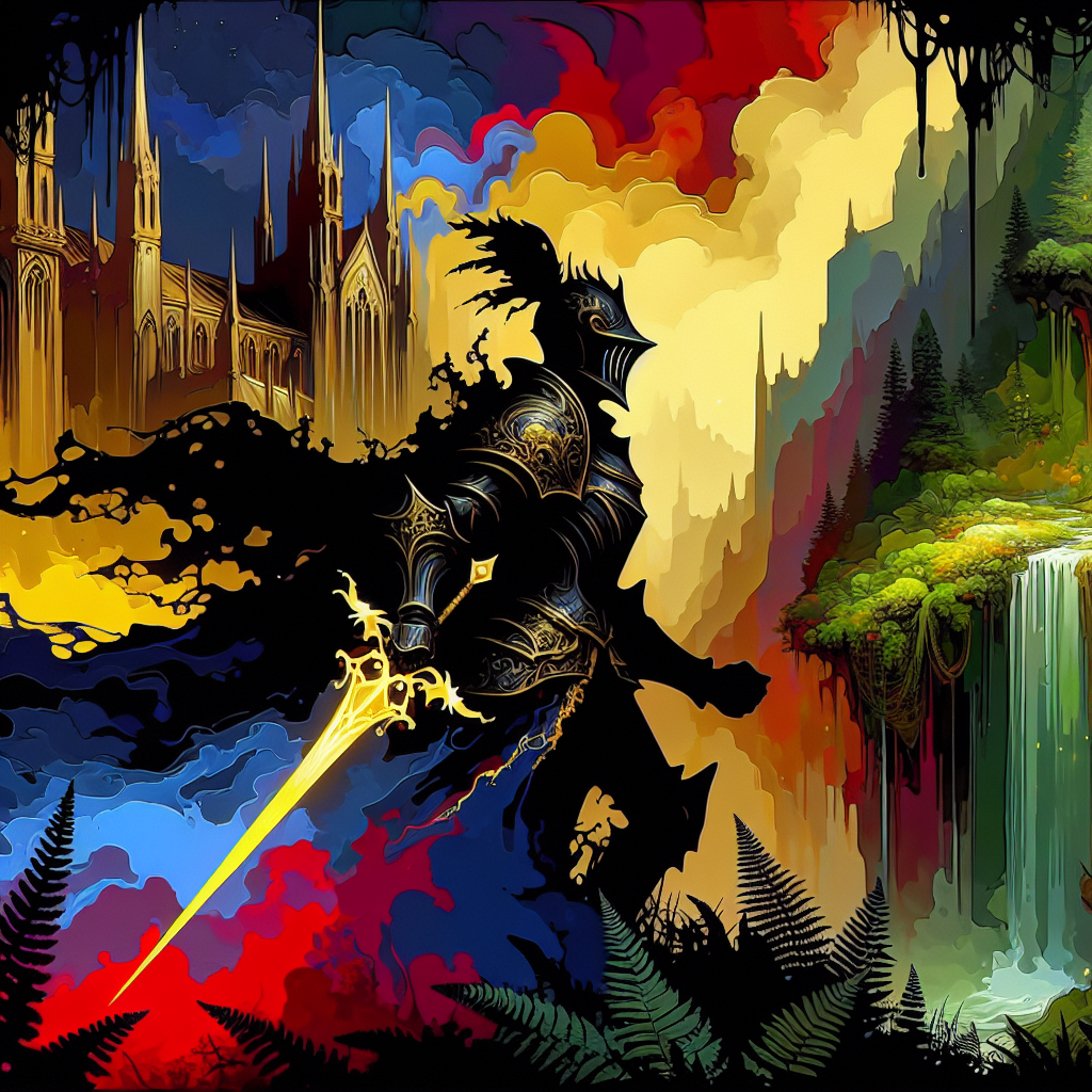 Silhouetted armored knight with a glowing yellow sword in a vibrant fantasy landscape.