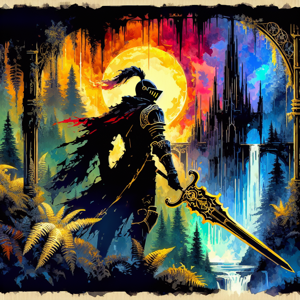 Silhouetted armored knight with ornate sword in a vibrant fantasy forest under a full moon