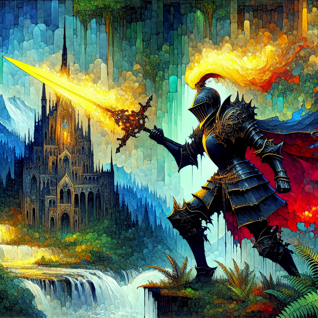 Armored knight with a flaming yellow sword facing a gothic cathedral in a vibrant fantasy landscape.