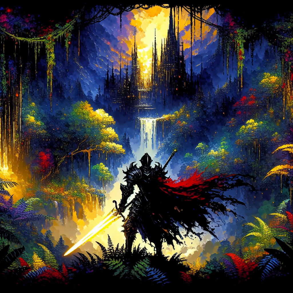 Silhouetted armored knight with a glowing yellow sword in a vibrant jungle setting with waterfalls and a distant illuminat...