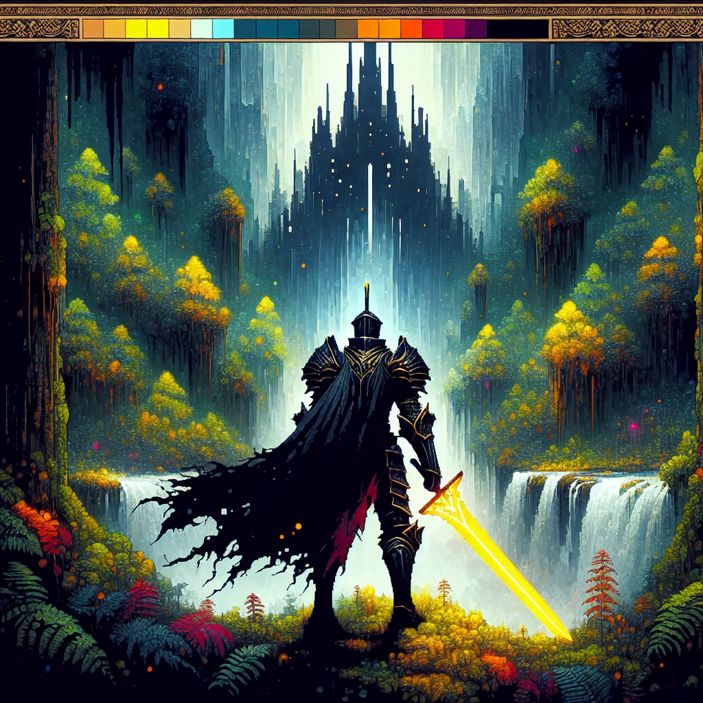Dark armored knight with a glowing yellow sword stands before a glowing castle in a vibrant forest.