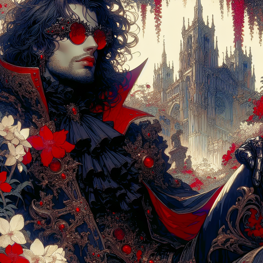 Gothic aristocrat in ornate red-black attire with red sunglasses amid a cathedral backdrop.