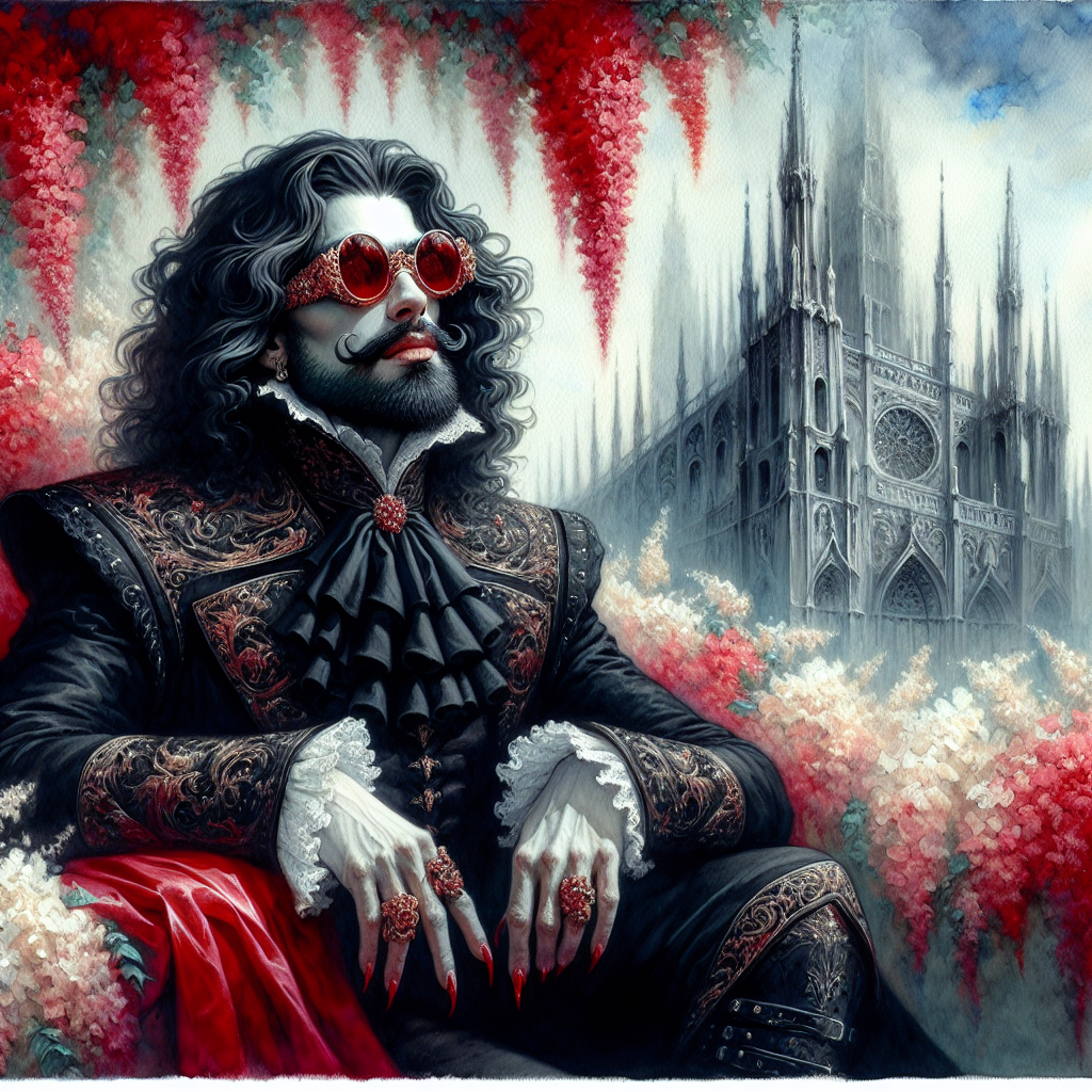 Gothic aristocrat in ornate Victorian coat with red sunglasses, seated among pink-red flowers near a cathedral backdrop.