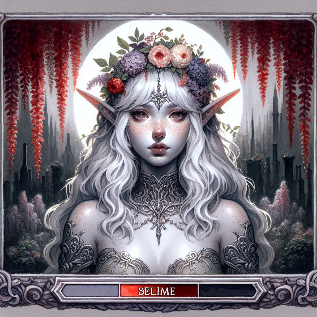 Fantasy elf queen with silver hair, flower crown, and intricate tattooed armor in a dark, floral forest.