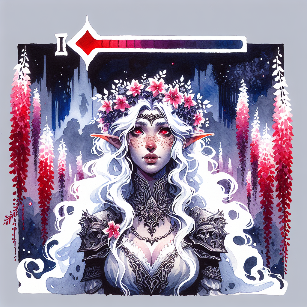 Elf-like fantasy queen with white hair, floral crown, ornate armor, red eyes in a dark forest background.