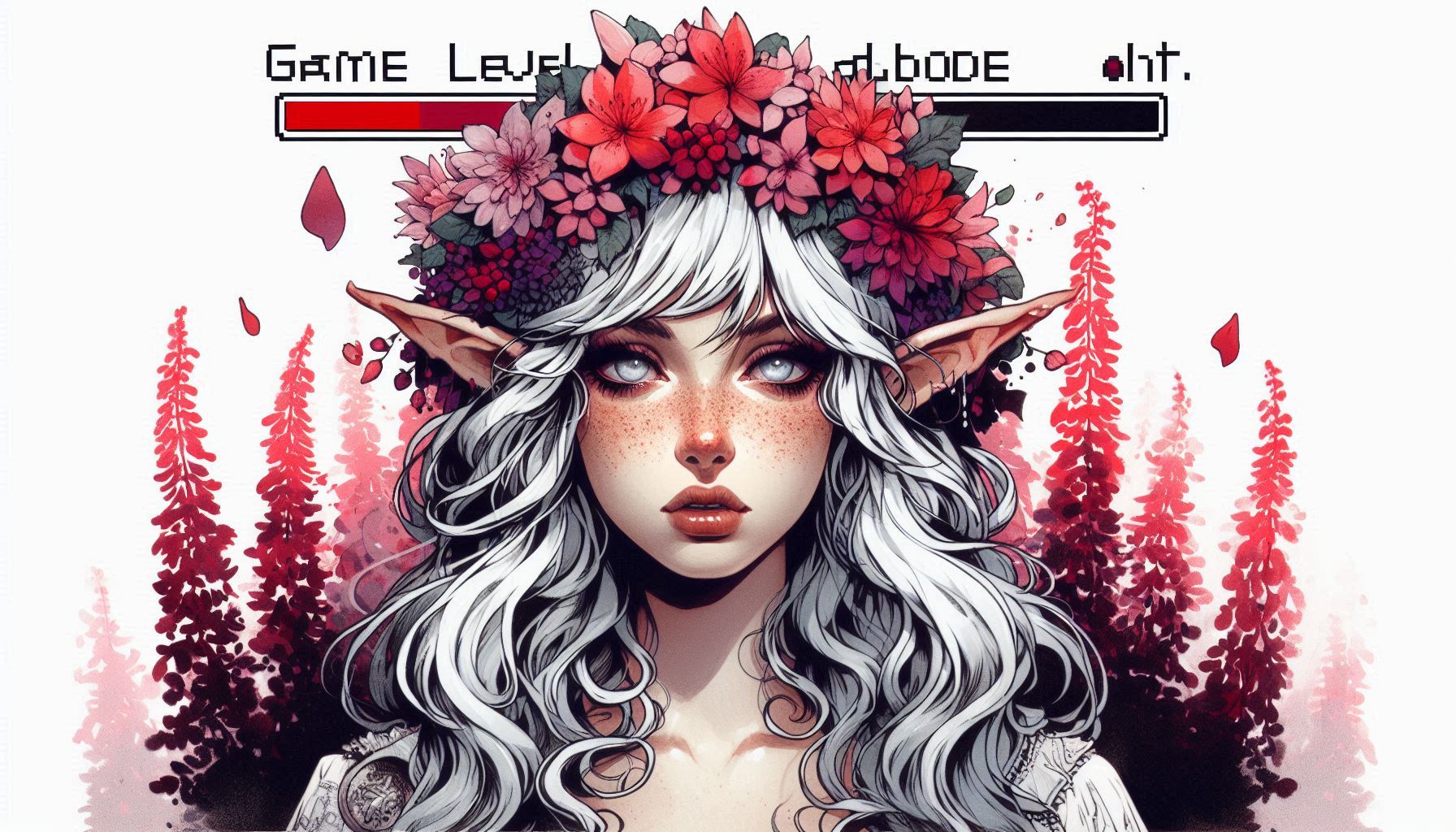 Elf girl with silver hair and a flower crown, set against pink floral backdrop and game-style UI.