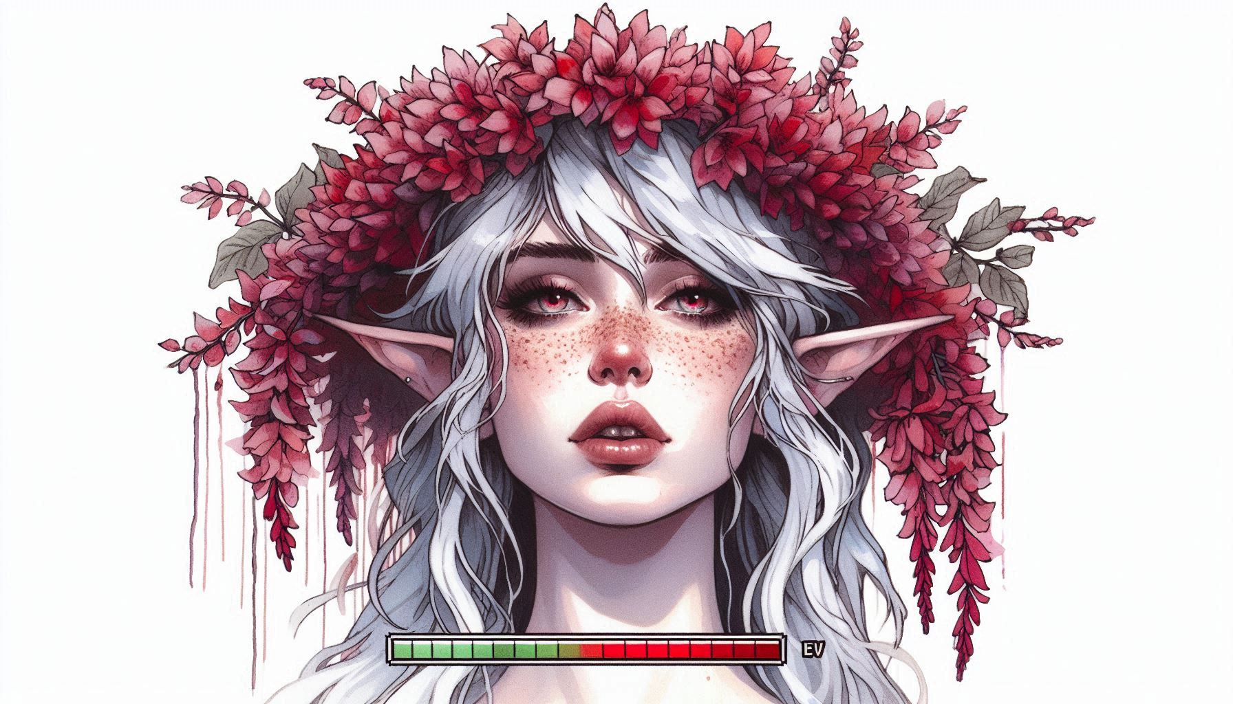 Fantasy elf girl with white hair, red flower crown, freckles, and pointed ears.