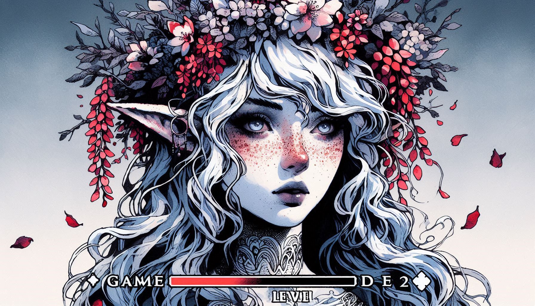 Fantasy elf-like woman with pale blue skin, flowing white hair, and a vivid floral crown.