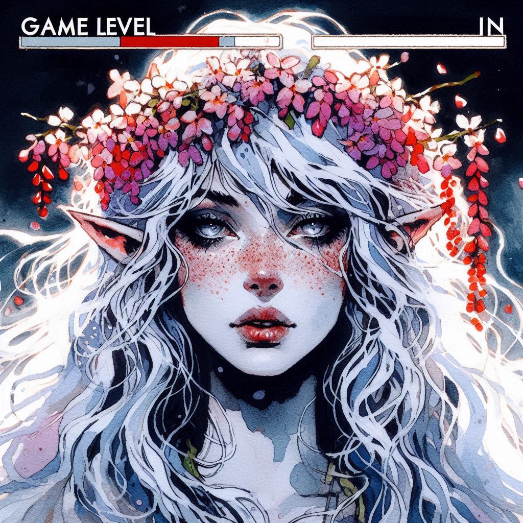 Fantasy elf girl with silver hair and a vibrant floral crown in an ethereal illustration.