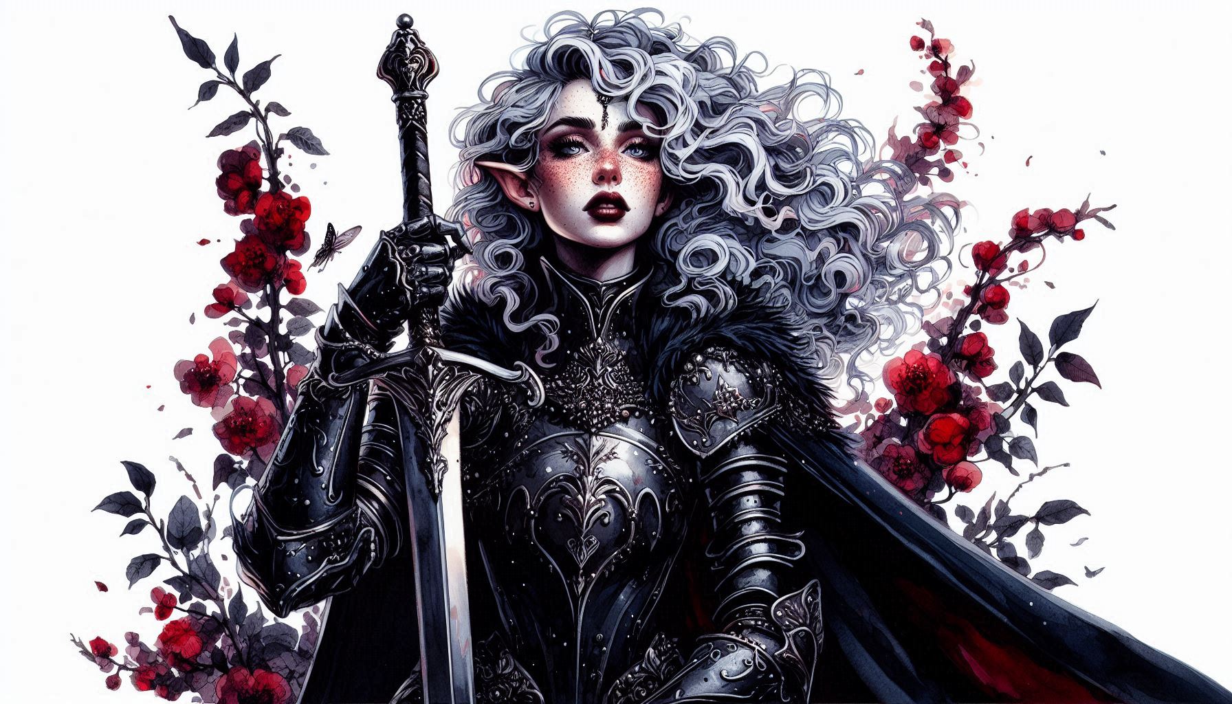 Fantasy armored female knight with silver-gray hair holding a sword amid red blossoms.