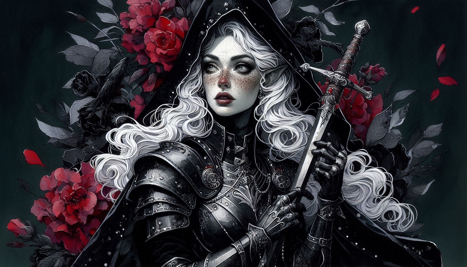 Fantasy female knight in black armor with silver hair, hooded cloak, gripping a sword amid dark roses.
