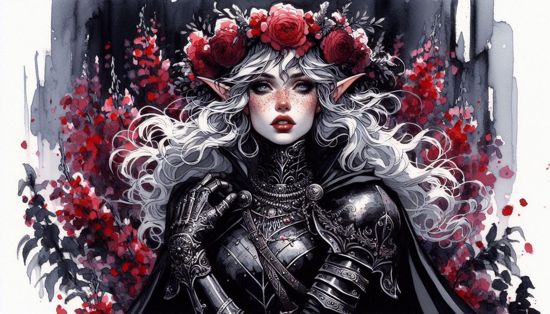 Elf-like fantasy woman in ornate black armor with silver hair and a red floral crown.