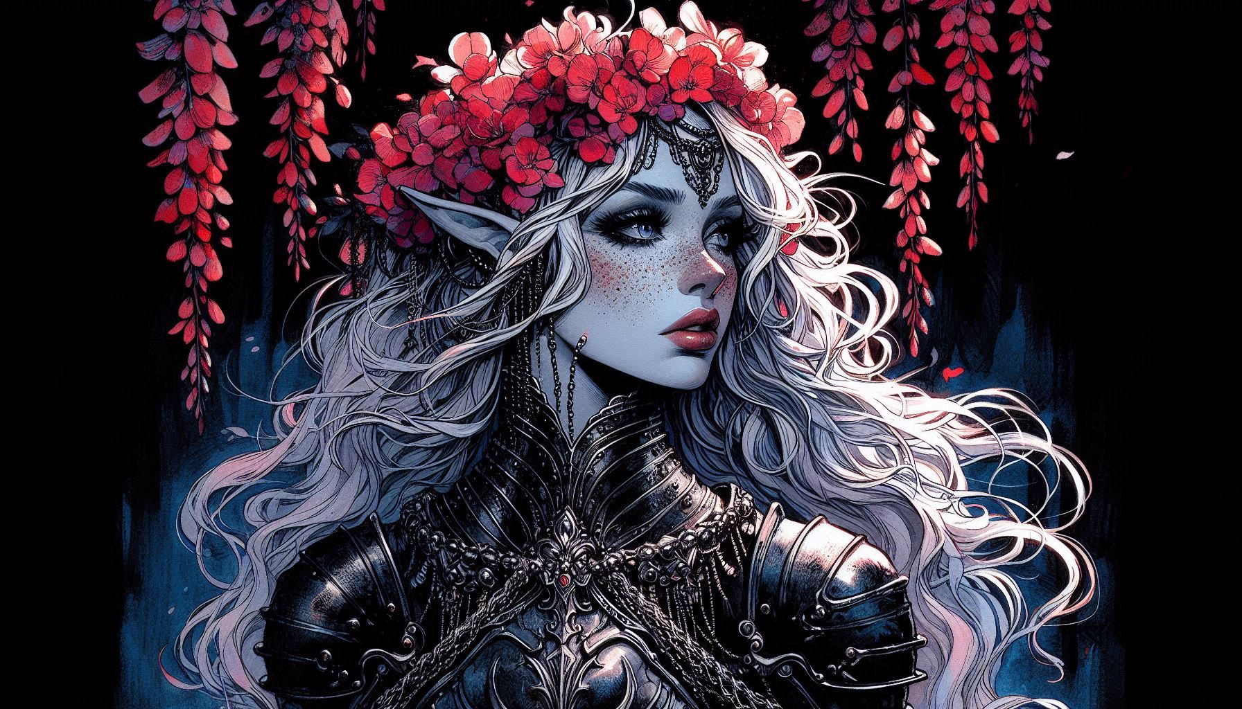 Blue-skinned elf woman in ornate armor with a red flower crown against a dark backdrop.