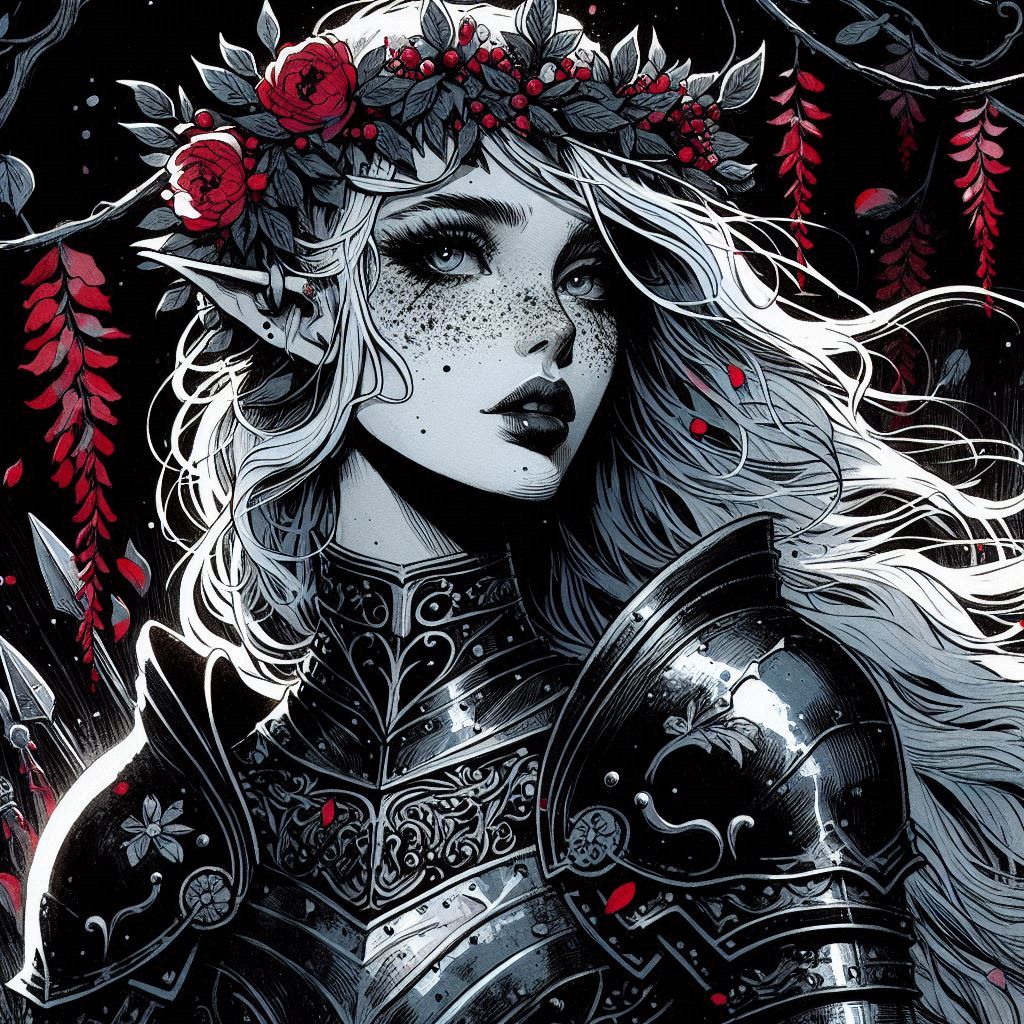 Illustrative female elf warrior with ornate armor and a red-flower crown in a dark, gothic setting.