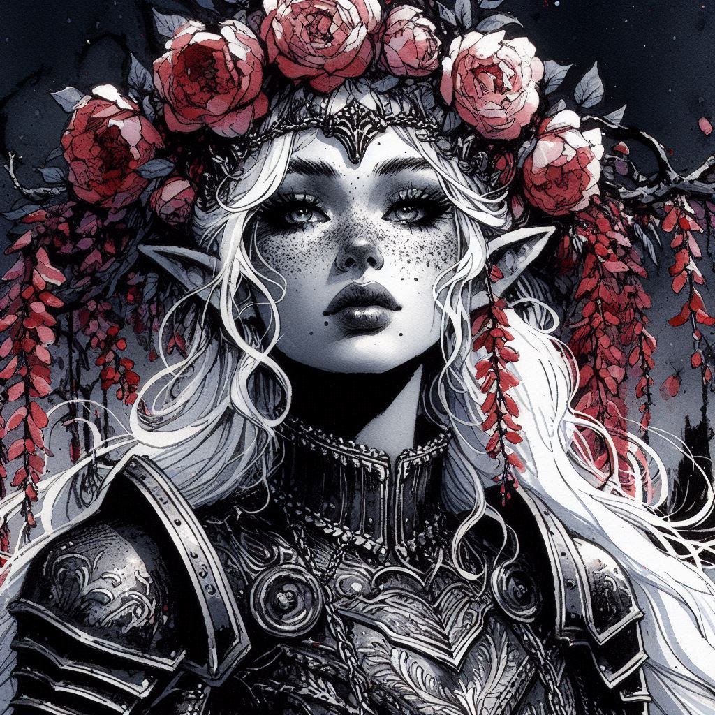 Fantasy elf queen with silver hair, floral crown, and ornate dark armor.