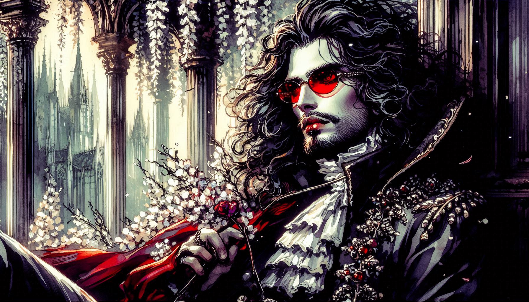 Gothic fantasy portrait of a vampire in a red cape with ruffled shirt and red sunglasses, holding a red flower against a c...