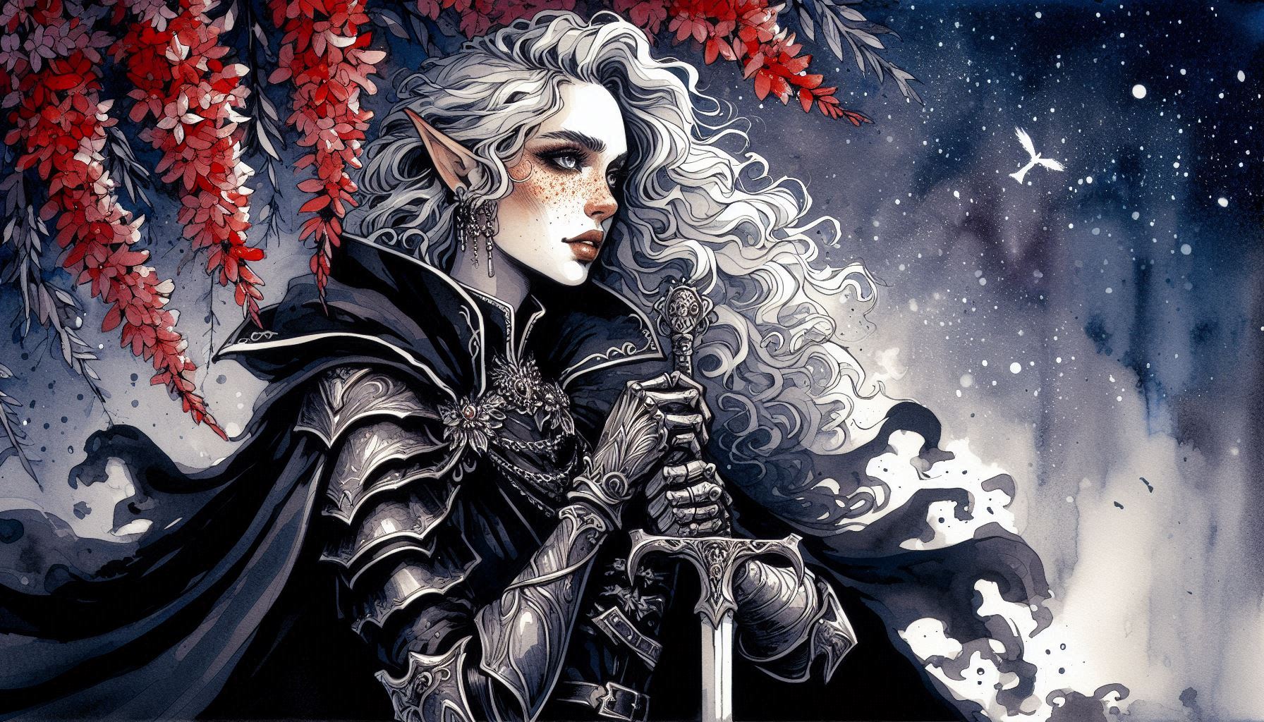 Elven warrior in ornate silver armor, cape, and sword under a night sky with red blossoms.