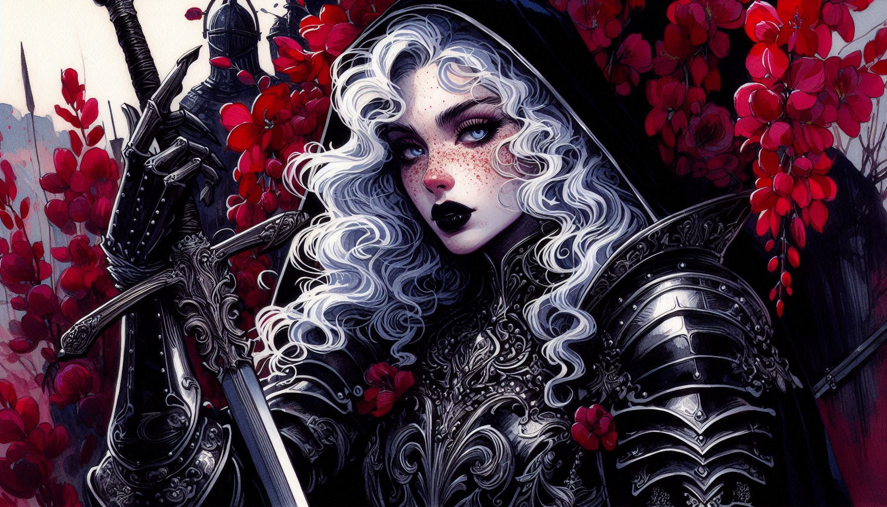 A gothic female warrior in ornate armor with silver hair, holding a sword among red flowers.