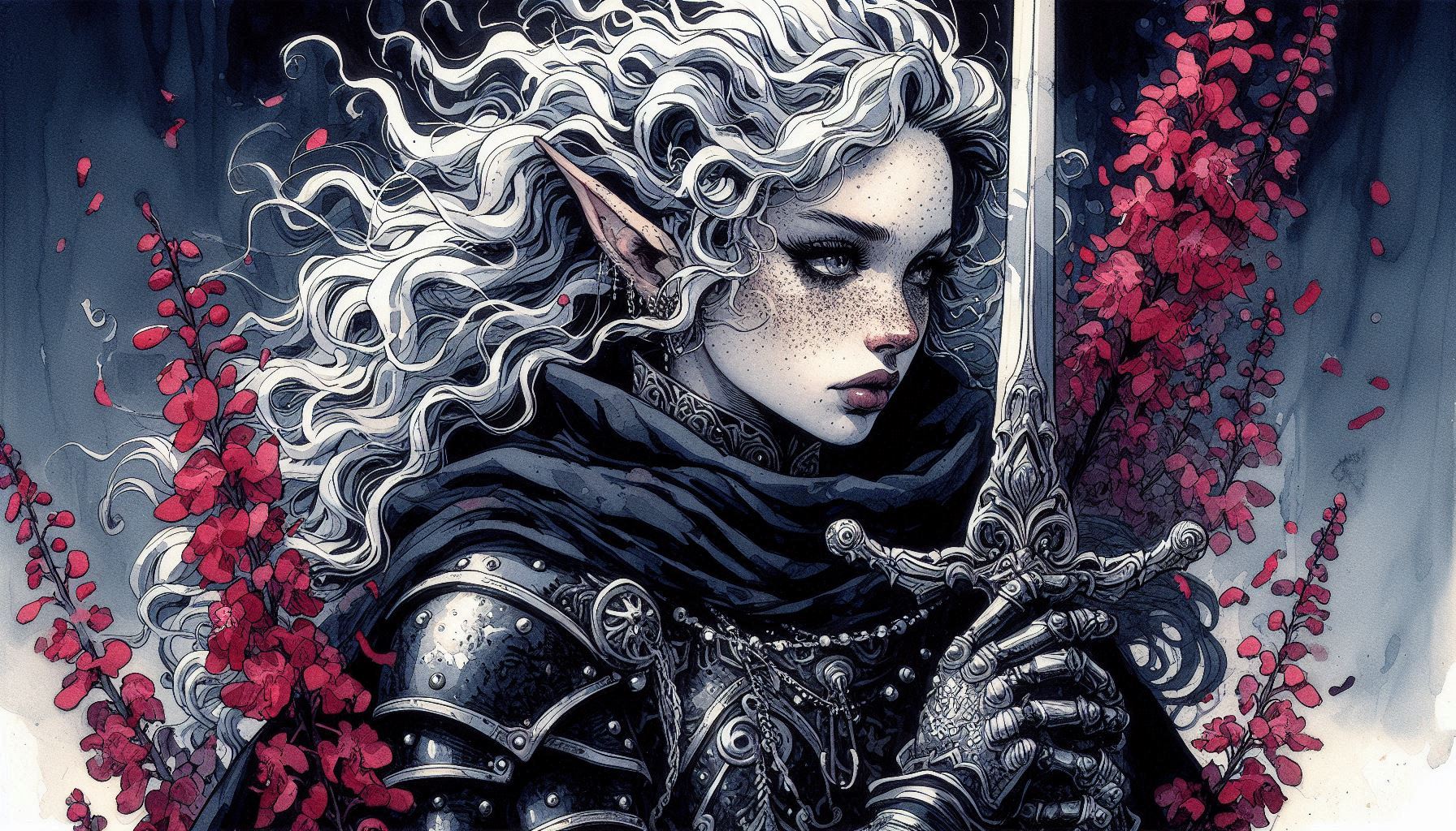 Elven warrior with silver hair in ornate armor gripping a ornate sword.