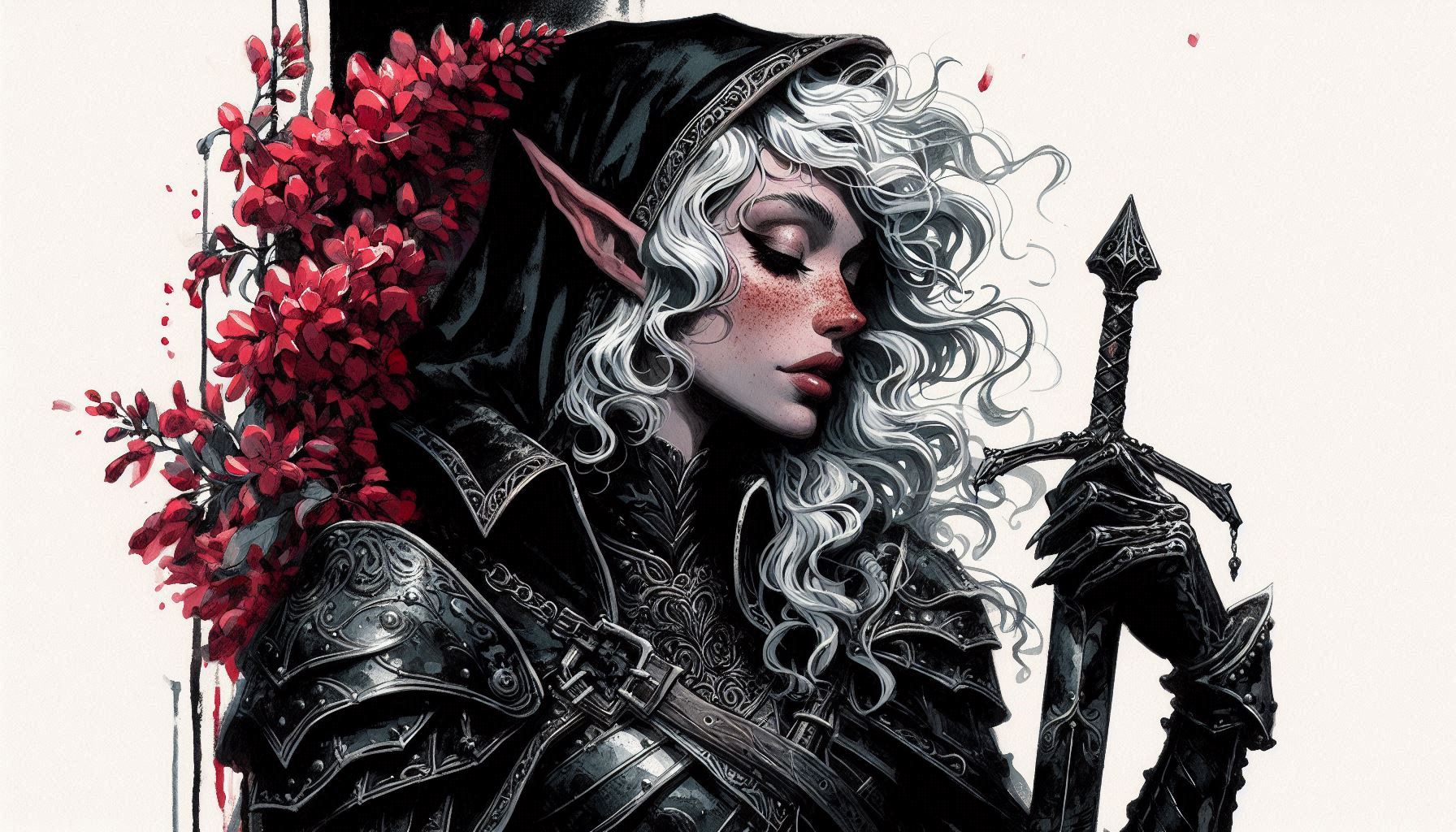 Elf-like warrior with silver hair in dark ornate armor, hooded cloak, holding a dagger; red flowers behind.