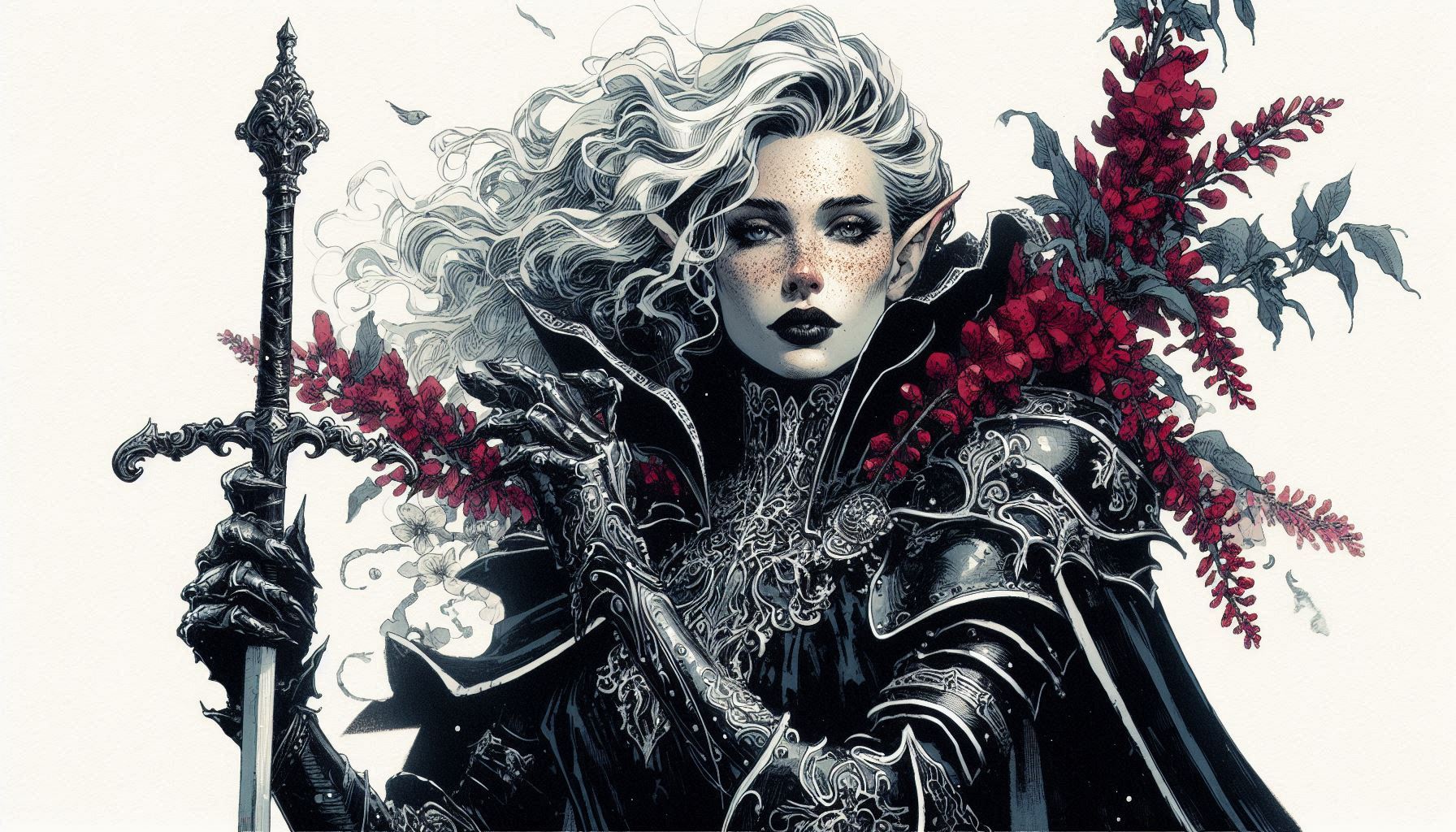 Elven warrior in intricate silver armor with a tall sword, surrounded by crimson flowers.