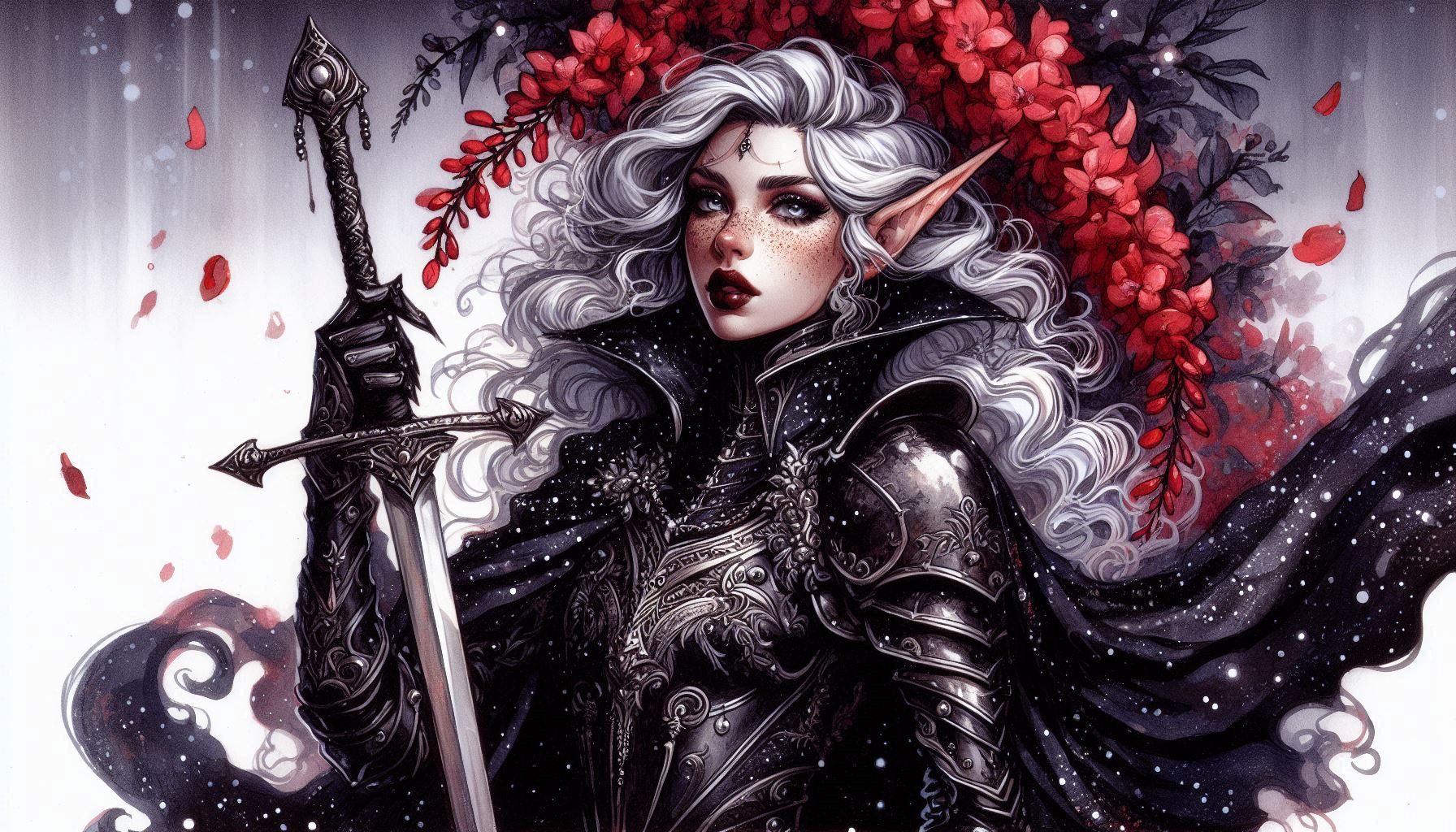 Elf-like warrior woman in black ornate armor wielding a sword, silver hair, red flower crown, snowy background.