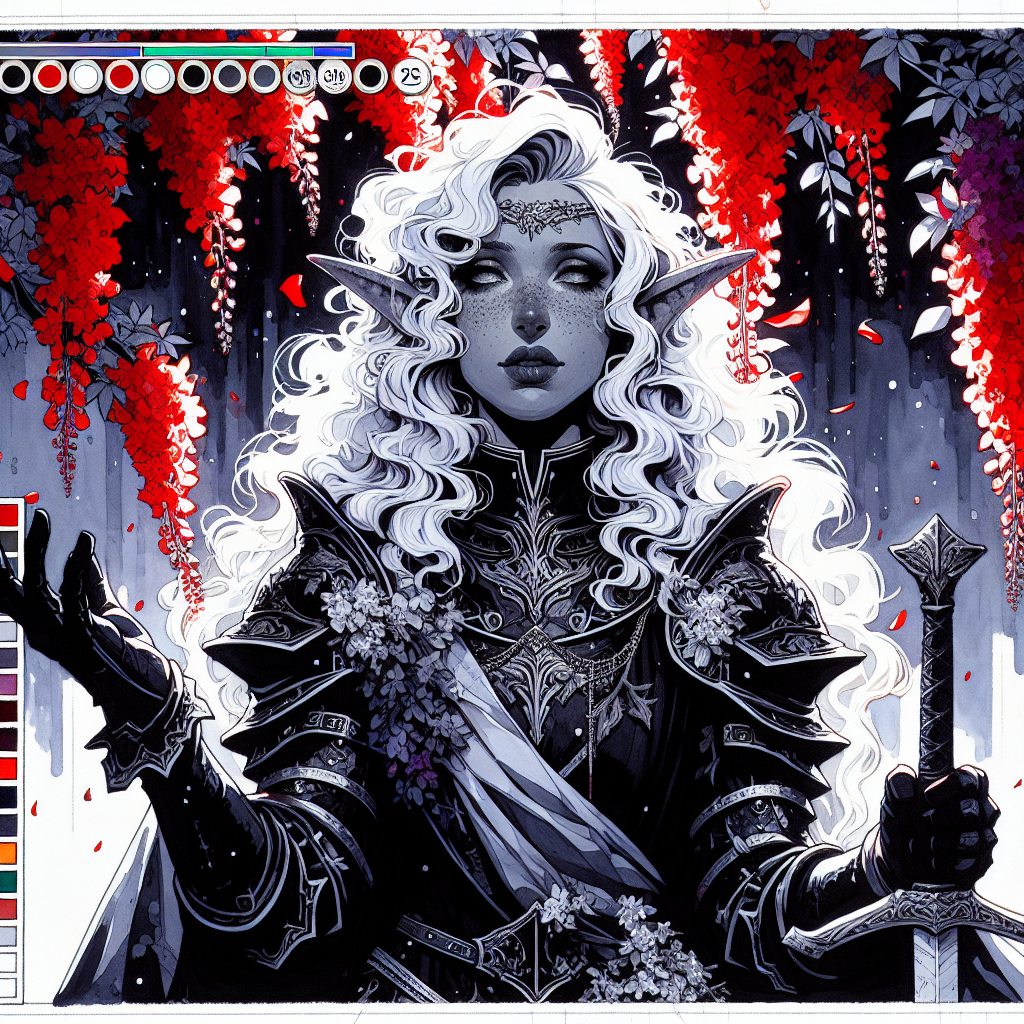 Elven warrior with silver-white hair in ornate black armor, holding a sword amidst cascading red flowers.