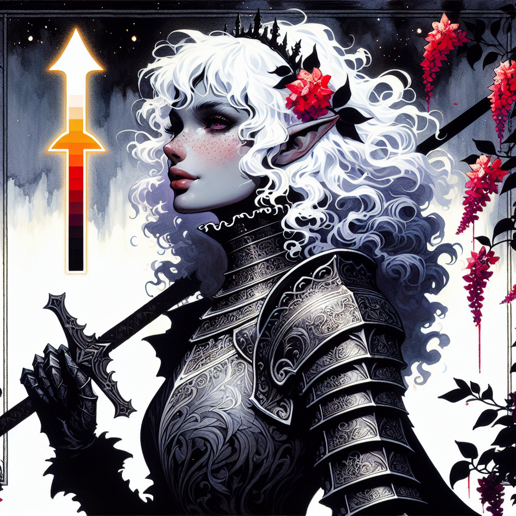Fantasy elf warrior woman in ornate silver armor with a glowing sword and white hair.
